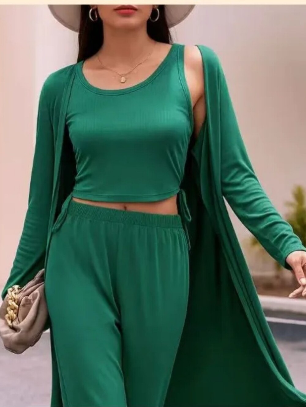 Green Ribbed Tank & Wide-Leg Pants Set With Duster New With Tags XL